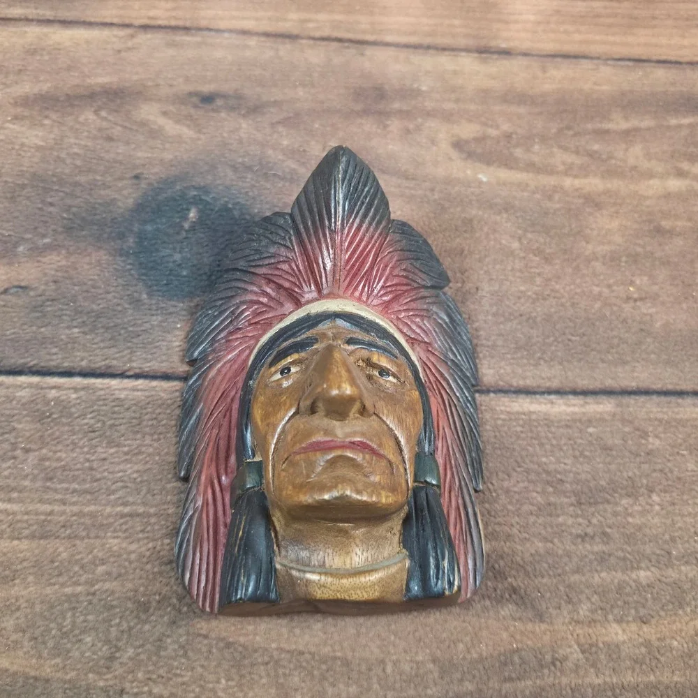Hand Carved Wood Wall Plaque OS Brown Excellent Folk Art Chief